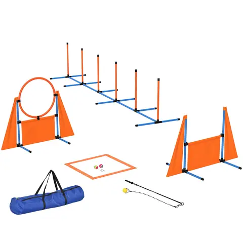 PawHut Dog Agility Equipment, 7-Piece Pet Agility Training Set with Weave Poles, Jump Ring, Hurdle, Pause Box, Bag, Obstacle Training Course Kit, Orange