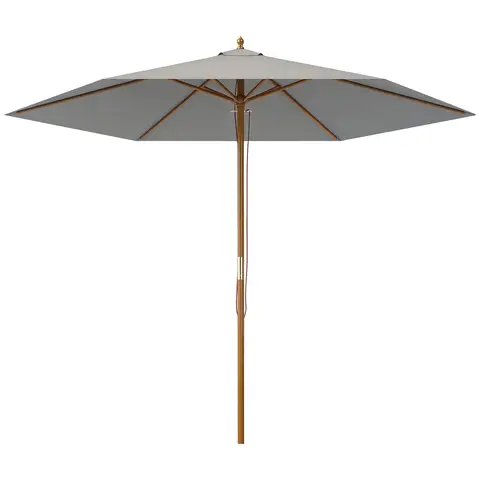 Outsunny 2.5m Wood Garden Parasol Sun Shade Patio Outdoor Wooden Umbrella Canopy, Table Market Umbrella with Vent, 38mm Pole, Rope Pulley Mechanism, Light Grey