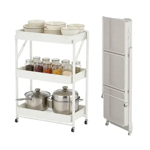 ochama x J.ZAO Opvouwbare Keukentrolley 3 Lagen, 30*45*77cm, Metalen Serveerwagen Zonder Montage, Mobiel Keukenrek met Wielen, Multifunctionele Opbergtrolley voor Woonkamer, Wit