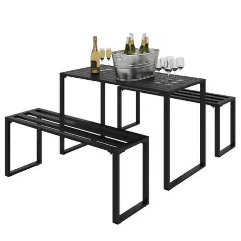 Outsunny 3 Pieces Picnic Bench Set with Table and 2 Benches, Slated Design Dining Trestle Beer Table and Seat, Black