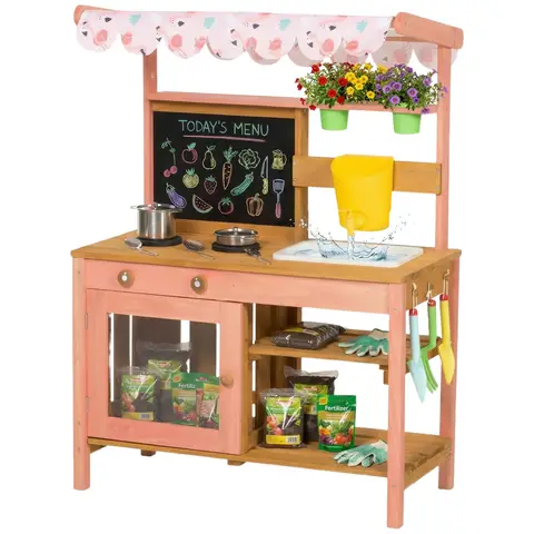 AIYAPLAY Kids Mud Kitchen with Canopy, Outdoor Wooden Play Kitchen with Planter Box, Chalkboard, Sink, Kitchenware & Garden Tools, Pretend Play Outdoor Toys Gifts for Girls Boys Age 3-6, Pink