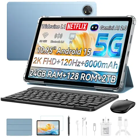 Blackview Zeno 10 Tablet, 11-inch FHD 1920x1200, 5G, Android 15, Gemini AI， Unisoc T8200, 24GB(8+16) RAM + 128GB ROM, 8800mAh,  PC Mode,  Widevine L1,  Face ID,  16MP+13MP, GPS, OTG, Gaming Tablet with Keyboard and Stylus