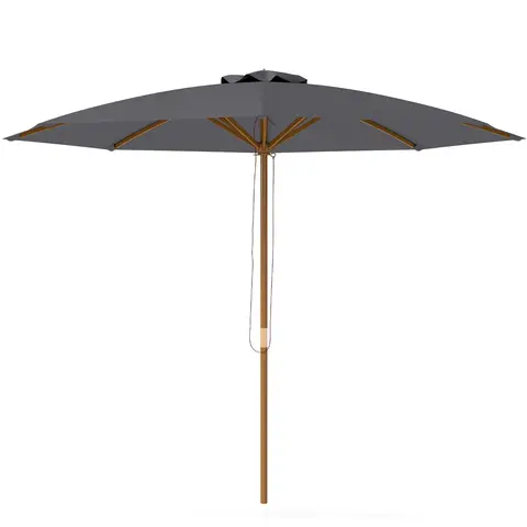 Outsunny 3(m) Garden Parasol, Pulley Operated Patio Umbrella, Wooden Parasol, Table Market Umbrella with Rope Pulley Mechanism and 8 Ribs, Dark Grey