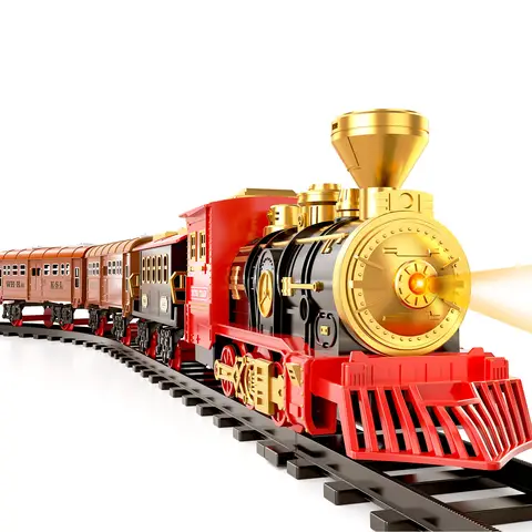 Coffret de jeu de train pour enfants 3-5 ans, train à vapeur avec wagon de marchandises et longue piste, jouet de train rouge avec batterie rechargeable, fumée, lumières et sons, cadeau pour garçons et filles 4-7 ans
