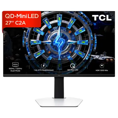 TCL 27C2A 27” QD-Mini LED Monitor, 4K UHD (3180x2160) Auflösung, 160 Hz, (320 Hz FHD), HFS (IPS) Panel, DisplayHDR 1000, 1200 Nits Spitzenhelligkeit, 1 ms GTG-Reaktionszeit, AMD Freesync Premium