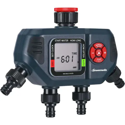 DEWENWILS Irrigation Computer, 4 Outputs, 4 Irrigation Programmes for Each Zone, Garden Watering Timer, Automatic Watering Timer with Rain Delayed/Manual/Automatic Mode