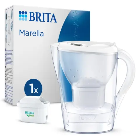 BRITA Marella Water Filter Jug White (2.4L) incl. 1x MAXTRA PRO Pure Performance cartridge - fridge-fitting pitcher with digital LTI and Flip-Lid reduces chlorine, limescale and impurities