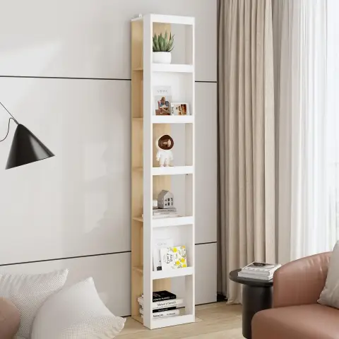 Caldion Regal mit 6 Ebenen, Badezimmerregal hoch, Badregal, Bücherregal, Küchenregal, für Badezimmer, Küche, Wohnzimmer, weiß + holzfarben, MDF, 33x30x200cm