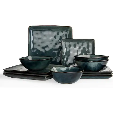 Richmount 12-teiliges Geschirrset im Landhausstil, quadratisch – Sage (für 4 Personen)