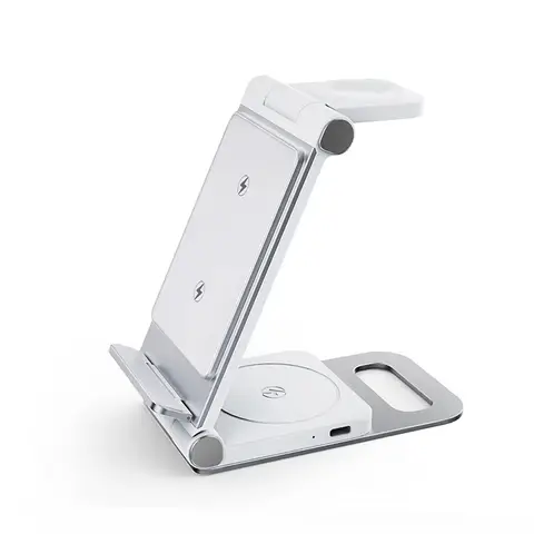 Rexsun 3 in 1 Foldable Wireless Charging Station, Aluminum Alloy Wireless Charger Stand for Multiple Apple Devices - Travel Size for iPhone, Apple Watch, AirPods, Adapter Not Included, T8, Silver-white