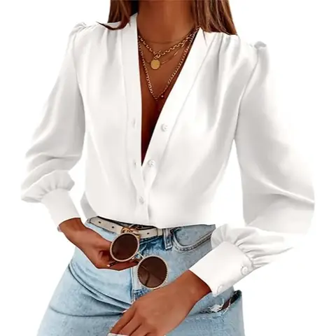 Women's Business Casual Tops Summer Long Sleeve Silk Button Down Shirts V Neck Chiffon Blouses (white, L)