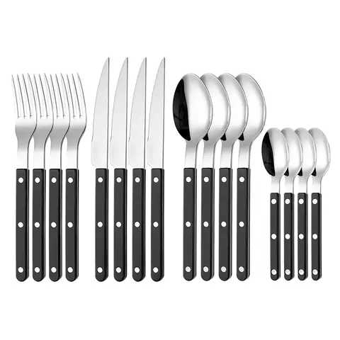 Fangyuan 16 Pieces Cutlery Set Black Handdles Silvery Stainless Steel with Knife, Fork, Spoon, High-Quality Stainless Steel Cutlery, Dishwasher Safe Kitchen Set S286