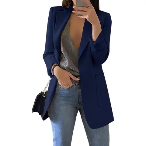 Women's Casual Blazers Open Front Long Sleeve Lapel Collar Work Office Jacket (DarkBlue, L)