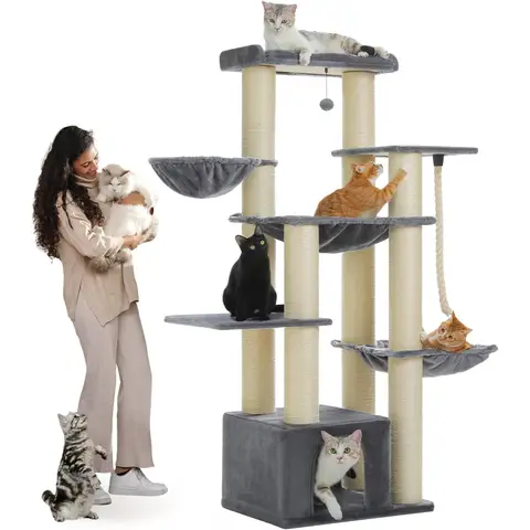 PAWZ Road Grand griffoir pour chats à plusieurs étages avec hamac, 13 poteaux en sisal diamètre 11 cm 170 cm - Niche, paniers et griffoir beige