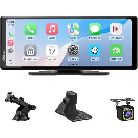 Carpuride Portable Carplay Screen, V92R Wireless Carplay & Android Auto, 10.26 Inch 1080P HD Touch Screen Radio with Real 720P Backup Camera/BT 5.0/Mirror Link Support Truck RV Dash Mount