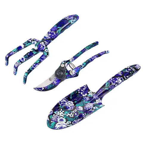FLORA GUARD 3-teiliges Aluminium-Gartenwerkzeug-Set mit Blaupdruckmuster - Spaten, Kultivator, Gabelscher, Set für Gartenbedarf (Lila)