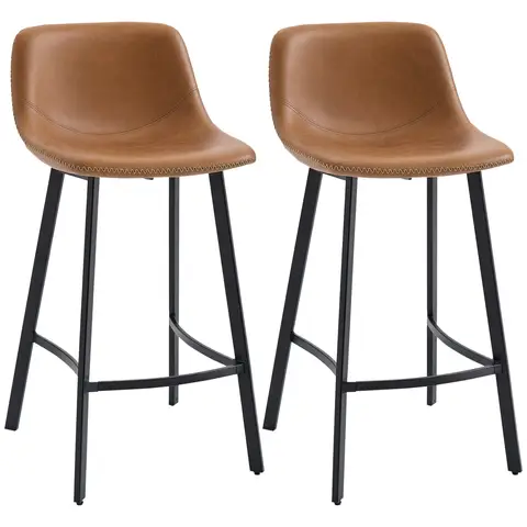 HOMCOM Bar Stools Set of 2, PU Leather Upholstered Barstools with Backrest, Footrest and Steel Legs, Dining Stools Brown