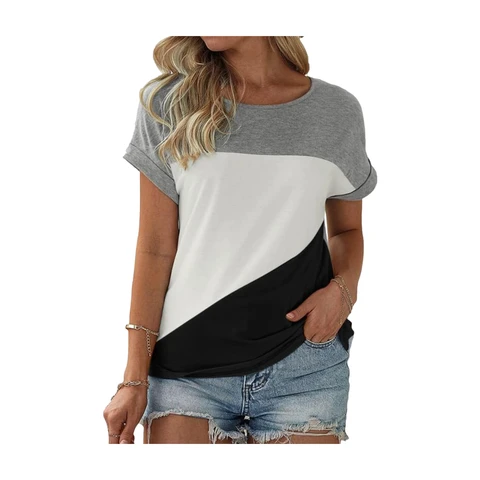 Womens Color Block Short Sleeve Tops Casual Summer T-Shirt (Black, S)