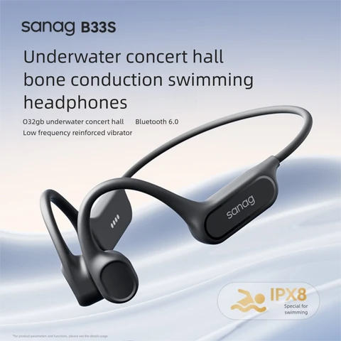 Sanag B33S Swimming Bone Conduction Wireless Microphone Earbuds Open Ear Headset Ipx8 Bone Conduction Headphone S-B33S.32G-CL-Headphones-Black