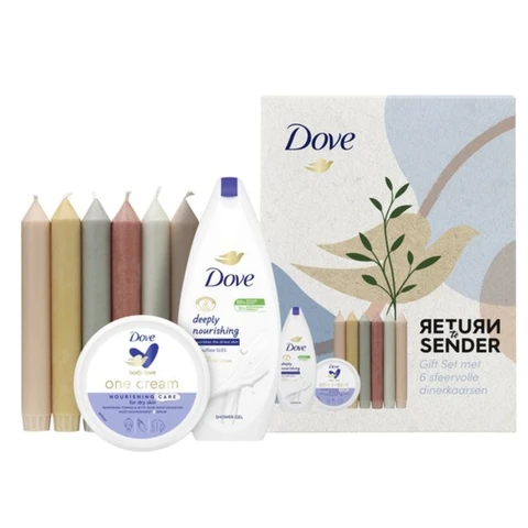 Dove geschenkset (body wash 250 ml + voedende bodycrème 250 ml + 6 dinerkaarsen)