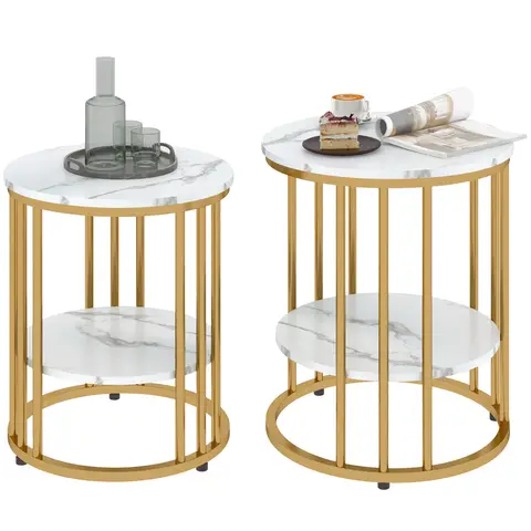 HOMCOM Round Coffee Table Set of 2, Marble-Effect Side Tables with Storage Open Shelf and Steel Frame Gold Tone