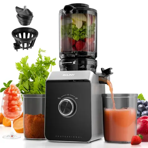 ROUNY Slow Juicer, Kaltpress-Entsafter mit 130 mm großem Einfüllschacht, filterloses, leicht zu reinigendes Design, Motor aus reiner Kupferlegierung, hohe Saftausbeute für Obst und Gemüse, FF Pro Max