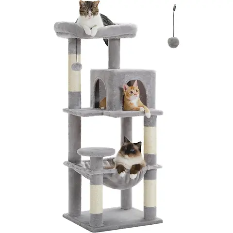 PAWZ Road Katzenstange mit metallischer Plüschhängematte, Katzenturm für erwachsene Katzen mit 2-Türen-Condo-Haus, Grau, 116 cm