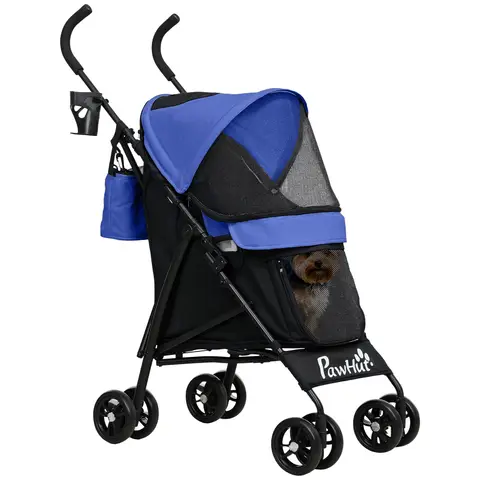 PawHut Pet stroller for Miniature Dogs, Foldable Dog Stroller with Shoulder Strap, 4 Wheels Pet Pram with Storage Bag Blue