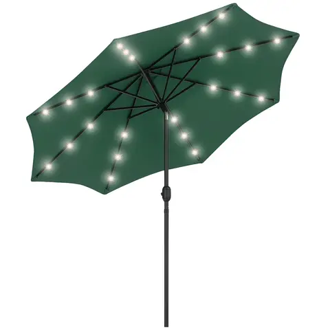 Outsunny 2.7m Patio Garden Umbrella Outdoor Parasol Outdoor Market Table Umbrella with Tilt Crank and 24 LEDs Lights (Green)