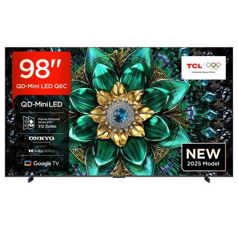  TCL 98Q6C QD-Mini LED TV, 98 Zoll, 4K HDR Premium, mit Dolby Vision IQ & Atmos, Onkyo 2.1 Sound, Smart TV mit Google TV, Game Master Mode, 144 Hz Motion Clarity Pro, AMD FreeSync Premium Pro, HDMI 2.1, AirPlay 2, mit Google Assistant & Alexa