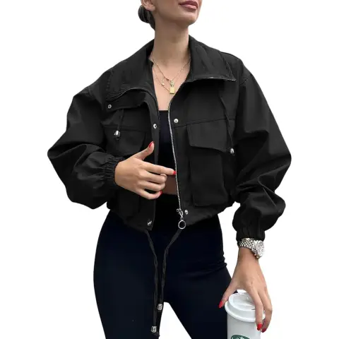 Women's Cropped Jacket Zip Up Lightweight Oversized Utility Anorak Coat with Pockets (black, L)