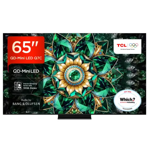 TCL 65Q7C-UK 65” QD-Mini LED TV, 4K UHD, Smart Google TV with 144Hz Motion Clarity Pro, Dolby Atmos, Audio by Bang & Olufsen, Game Master