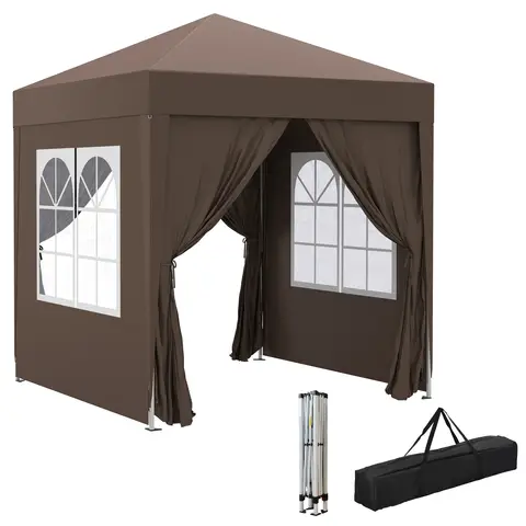 Outsunny 2 x 2 m Garden Pop Up Gazebo, Wedding Party Tent Marquee, Water Resistant Awning Canopy with Sidewalls, Windows, Carry Bag, Coffee