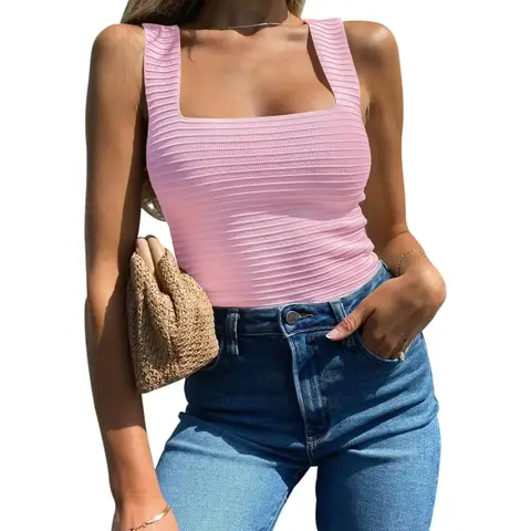 Women's Ribbed Tank Tops 2024 Summer Sleeveless Square Neck Shirts Casual Slim Fitted Knit Shirts (Pink， XXL)
