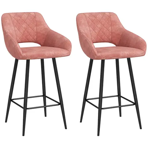 HOMCOM Bar Stools Set of 2, Velvet-Touch Fabric Counter Height Bar Chairs, Kitchen Stools with Steel Legs for Dining Area, Kitchen Island Barstools, Pink
