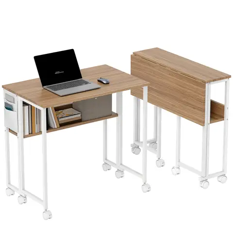 HOMCOM Folding Desk with Storage Shelf and Bag, 80 cm Foldable Computer Desk Natural Wood Finish