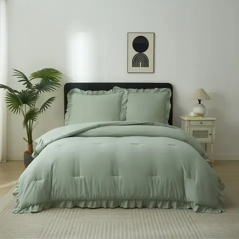 Meeallhome Dekbedset Vintage Ruffle Bedset 200x200cm / 65x65cm*2 Turquoise