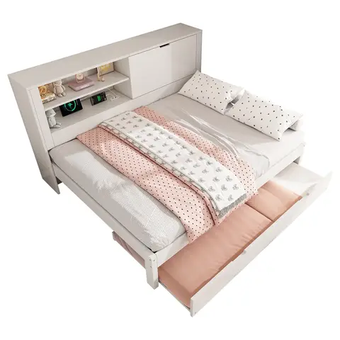 URBAN MEUBLE Schlafsofa Doppelbett mit ausziehbarem Bett, 140x190 cm, weißer Holzrahmen, Stauraum-Kopfteil, USB-Ladestation, 2-teiliges Set
