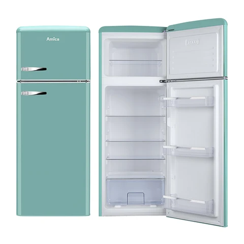 Amica FDR2213DB Retro Style Top Mount Fridge Freezer – Blue| 55cm Wide | 144cm High | E Energy Rated | Chrome Handles