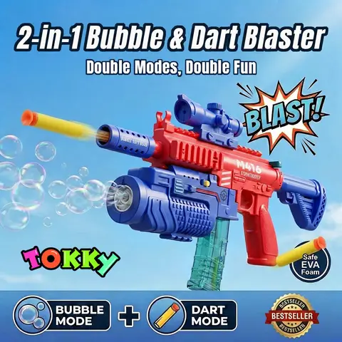 Tokky 2-in-1 Kids Toy Gun, Fully Automatic Bubble Machine and Suction Cup Soft Dart Gun Launcher, Includes 20 Soft Darts and Shooting Target, M416 Tactical Outdoor Battle Game Toy, 3-14 Year Old Boys Birthday Gift