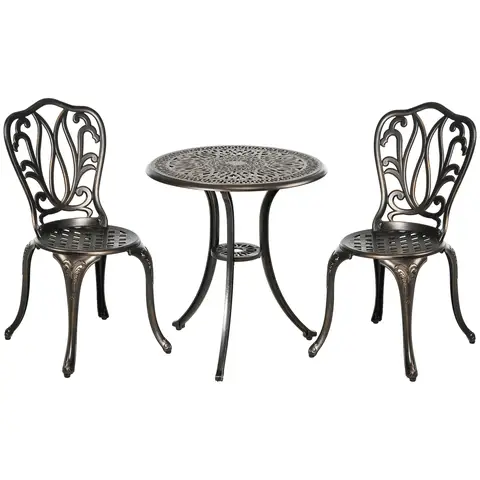 Outsunny 3 Piece Garden Bistro Set, Cast Aluminium Outdoor Furniture Set with Umbrella Hole for Balcony, Porch, Patio, Bronze Tone
