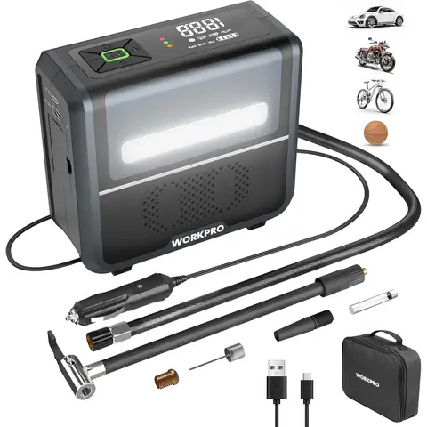 WORKPRO 3-in-1 Tyre Inflator Air Compressor with LED Light, 12V Car Tyre Pump 150 PSI with Digital Display, Automatic Shut-Off & Dual Power Supply Modes, Cordless Tyre Inflator for Car, Motor, Bike