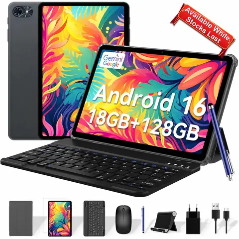 【Selected Deals, Available While Stocks Last! 】TABWEE T80 Tablet 10" Android 16, 18GB(6+12) RAM + 128GB ROM (2TB TF), 6000mAh Tablet with Keyboard, 5MP + 2MP, Gemini AI 3.1 Pro, 5G WiFi, GPS, Face ID