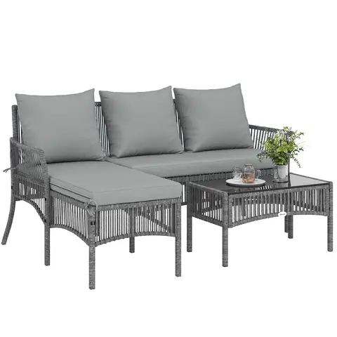 Outsunny 4 Seater Rattan Garden Furniture Set, 3 Piece Corner Garden Sofa with Chaise Lounge, Loveseat, Glass Coffee Table, Wicker Outdoor Lounge Set with Cushions for Patio Conservatory, Dark Grey