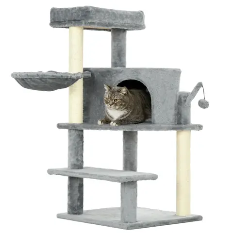 PawHut Cat Tree Tower for Indoor Cats Cat Scratching Post 100cm Climbing Frame Kitten Activity Centre with Sisal Condo Hammock Bed Hanging Toy, Grey