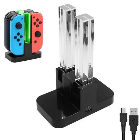 NAXSIR Oplaadstation voor Switch-controllers, 4-voudige Oplader, met Gekleurde LED Acryl Lichtkolommen Zwart