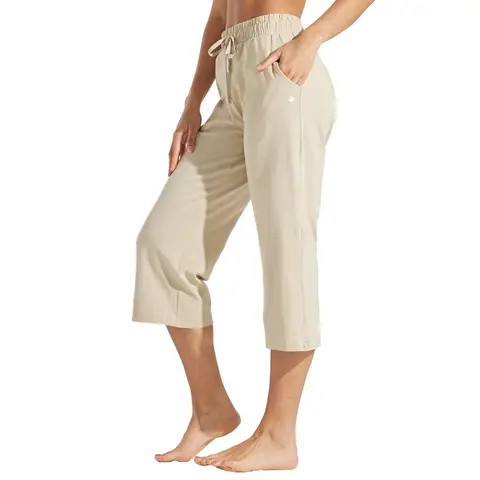 Willit Women's Cotton Yoga Capri Casual Lounge Pants Wide Leg Workout Sweatpants with Pockets 20" Khaki L