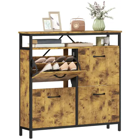 HOMCOM Narrow Shoe Cabinet with 4 Flip Drawers, Slim Shoe Storage Cabinet with Adjustable Shelves and Open Shelf Rustic Brown