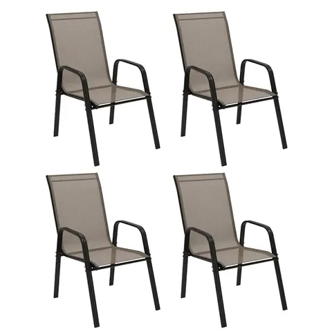 Outsunny 4 Pieces Garden Chairs, Stackable Outdoor Chairs with High Backrest and Armrest, Breathable Mesh Fabric Dining Chair Set of 4, Dark Grey