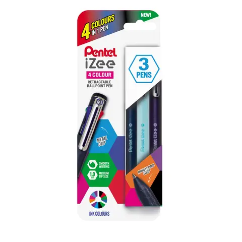 Pentel iZee 4 Colour 1.0mm Ballpen Pack of 3